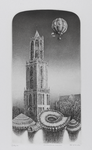 30204 Gezicht op de Domtoren en gedeeltelijk de Domkerk te Utrecht uit het zuidwesten met op de voorgrond drie ...